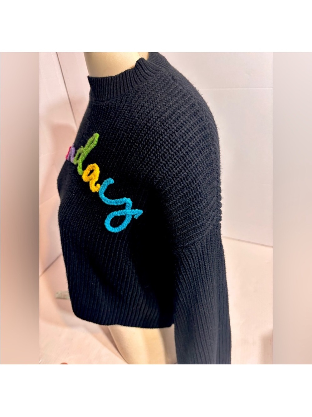 Moon & Madison Rainbow "Sunday" Embroidered Cropped Knit Sweater – Size S - Picture 3 of 10